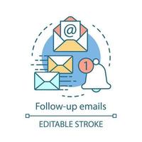 Follow-up emails concept icon. Attracting clients idea thin line illustration. Email marketing. Mass mailing. Product ads. Post-purchase emails. Vector isolated outline drawing. Editable stroke