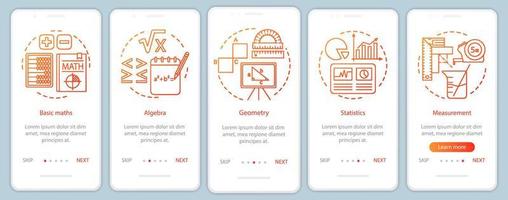 herramienta educativa, estudio de matemáticas incorporación de plantilla de vector de pantalla de página de aplicación móvil. tutorial del sitio web cinco pasos con ilustraciones lineales. ux, ui, concepto de interfaz de teléfono inteligente gui