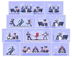 Robot vs human flat vector illustrations set. AI workers replace people concept. Robotics revolution. Humanoid, cyborgs working cartoon characters. Artificial intelligence boss, policeman, manager