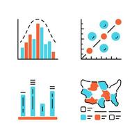 Diagram color icons set. Histogram, bar graph, scatter plot, cartogram. Statistics data visualization. Analytical information. Comparisons among discrete categories. Isolated vector illustrations