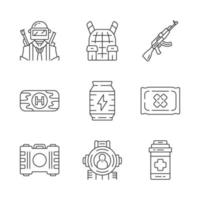 Online game inventory linear icons set. Soldier, body armor, weapon. First aid kit, drink, bandage, painkiller, shooting aim. Thin line contour symbols. Isolated outline illustrations. Editable stroke vector