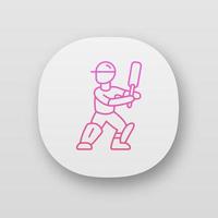 Cricket player app icon. Batsman ready to fight off pitch. Cricketer in uniform, leg pads with bat. Team game. UI UX user interface. Web or mobile applications. Vector isolated illustrations