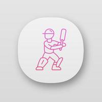 icono de la aplicación de jugador de críquet. bateador listo para pelear fuera de tono. jugador de cricket en uniforme, almohadillas para las piernas con bate. juego de equipo. interfaz de usuario ui ux. aplicaciones web o móviles. Ilustraciones de vectores aislados