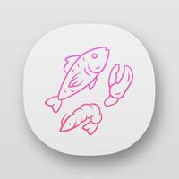 Seafood app icon. Omega 3 source products UI UX user interface. Gourmet restaurant meal. Web or mobile application. Salmon fish, shrimp and lobster claw vector isolated illustration