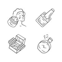 Makeup products linear icons set. Feminine hygiene, skincare accessories. Cosmetology, beauty salon attributes thin line contour symbols. Isolated vector outline illustrations. Editable stroke