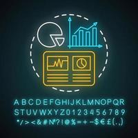 Statistics study, research neon light concept icon. Chart, graph idea. Analytics, data visualization, infographics. Glowing sign with alphabet, numbers and symbols. Vector isolated illustration