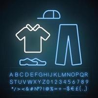 Cricket uniform neon light icon. Sport flannels. Sportswear. Collared shirt, long trousers, cap, shoes. Man outfit. Glowing sign with alphabet, numbers and symbols. Vector isolated illustration