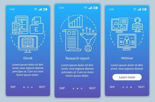 Consideration content blue gradient onboarding mobile app page screen vector template. Research report walkthrough website steps with linear illustrations. UX, UI, GUI smartphone interface concept