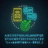 Email marketing neon light icon. Digital marketing tactic. Business strategy. Emails sending. Brand promotion. Target ads. Glowing sign with alphabet, numbers and symbols. Vector isolated illustration