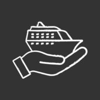 Cruise service chalk icon. Hand holding cruise ship. Shore excursions, tours and travel agency. Voyage, trip planning. Isolated vector chalkboard illustration