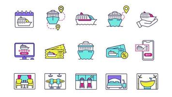 Cruise color icons set. Services, tickets booking and buying, ships, destinations. Summer voyage. Shore excursions, tours and travel agency. Isolated vector illustrations
