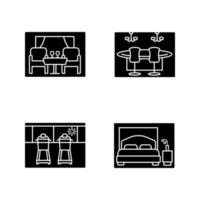 Cruise ship facilities glyph icons set. Restaurant, casino, gym, bedroom. Silhouette symbols. Vector isolated illustration