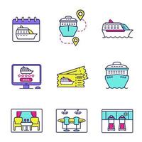 Cruise color icons set. Summer voyage. Cruise departure date, ships, trip routes, casino, treadmills, excursion tickets, restaurant, online booking. Isolated vector illustrations