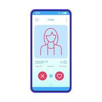 Dating app profile interface vector template. Mobile app interface blue design layout. Online dating smartphone application. Flat UI. Phone display with woman's profile information