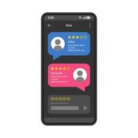 Consumers feedback interface vector template. Mobile app interface black design layout. Service or application users rating. Flat UI. Phone display with chat boxes and people rating