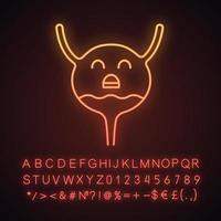 Sad urinary bladder neon light icon. Unhealthy urinary tract. Urinary system diseases. Cistitis. Glowing sign with alphabet, numbers and symbols. Vector isolated illustration