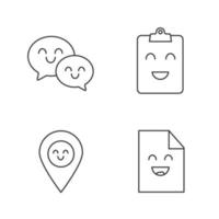 Smiling items linear icons set. Characters. Happy speech bubbles, clipboard, map pinpoint, file. Thin line contour symbols. Isolated vector outline illustrations. Editable stroke
