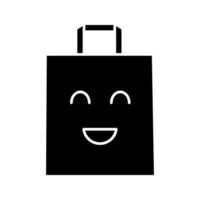 Smiling shopping bag character glyph icon. Sale, special offer. Happy shopping. Easy buying. Emoji, emoticon. Silhouette symbol. Negative space. Vector isolated illustration