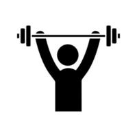 Man training with barbell glyph icon. Physical exercises. Healthy lifestyle. Workout, bodybuilding. Stress prevention and treatment. Silhouette symbol. Negative space. Vector isolated illustration