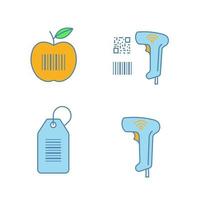 Barcodes color icons set. Product barcode, qr and linear codes scanner, hang tag, wireless handheld reader. Isolated vector illustrations