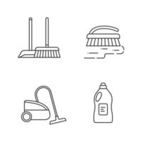 Cleaning service linear icons set. Scoop and sweeping brush, vacuum cleaner, scrub brush, cleaning product. Thin line contour symbols. Isolated vector outline illustrations. Editable stroke