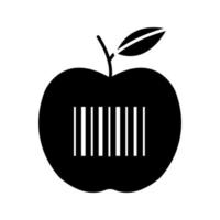 icono de glifo de código de barras del producto. manzana con código de barras lineal. mercancía al por menor. tienda de comestibles. identificación de códigos de barras. símbolo de la silueta. espacio negativo. ilustración vectorial aislada vector