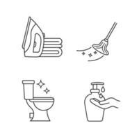 Cleaning service linear icons set. Ironing, mop, clean toilet, hands soap. Thin line contour symbols. Isolated vector outline illustrations. Editable stroke