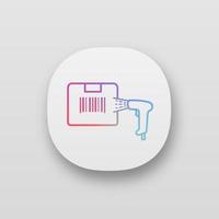 Box label scanning with barcode scanner app icon. Parcel bar code identification. Linear bar code handheld reader. Inventory control. Delivery service. UI UX interface. Vector isolated illustration