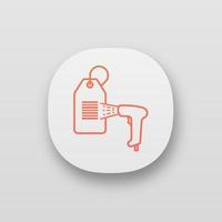 Barcode reader scanning hang tag app icon. UI UX user interface. Store price label scanning with bar code reader. Shopping center labels reading. Linear barcodes scanner. Vector isolated illustration