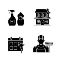 Cleaning service glyph icons set. Sweeper, cleaning schedule, cleaners, cottage. Silhouette symbols. Vector isolated illustration