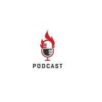 diseño de logotipo de podcast o radio con micrófono y fuego vector