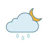 icono de color de la noche de lluvia. llovizna o ducha por la noche. nube, gota de lluvia y luna. pronóstico del tiempo. ilustración vectorial aislada vector