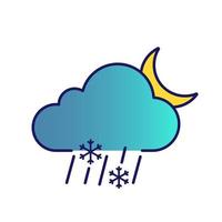Night sleet color icon. Wet snow. Mixed snow and rain. Cloud, raindrops, snowflake, moon. Weather forecast. Isolated vector illustration