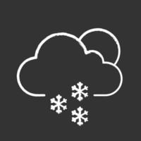 Scattered snow chalk icon. Snowy. Light snow. Partly cloudy. Winter weather. Cloud, snowflake and sun. Weather forecast. Isolated vector chalkboard illustration