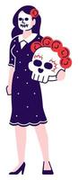 Dia de los Muertos parade female participant semi flat RGB color vector illustration. Standing figure. Entertainment industry career. Halloween costume isolated cartoon character on white background