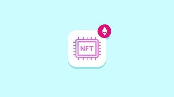 NFT mobile app animated icon. Non fungible token concept short loop 4k video, crypto art notification with ethereum sign on cyan background.
