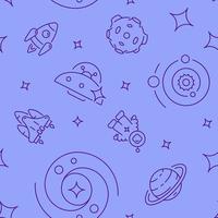 Crewed spaceflight abstract seamless pattern. Vector shapes on purple background. Trendy texture with cartoon color icons. Design with graphic elements for interior, fabric, website decoration