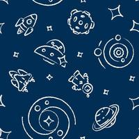 Astronaut mission abstract seamless pattern. Vector shapes on dark blue background. Trendy texture with cartoon color icons. Design with graphic elements for interior, fabric, website decoration