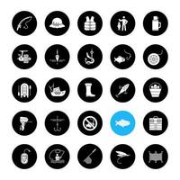Fishing glyph icons set. Angling equipment. Fish, bait, hook, tackle, boat, rod, fisherman, thermos, echo sounder, uniform. Vector white silhouettes illustrations in black circles