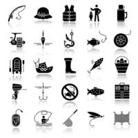Fishing drop shadow black glyph icons set. Angling equipment. Fish, bait, hook, tackle, boat, rod, fisherman, thermos, echo sounder, uniform. Isolated vector illustrations