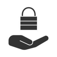 Open hand with closed lock glyph icon. Providing protection. Silhouette symbol. Security. Negative space. Vector isolated illustration