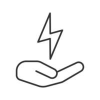 Open hand with lightning bolt linear icon. Electrification. Thin line illustration. Electricity economy. Contour symbol. Vector isolated outline drawing