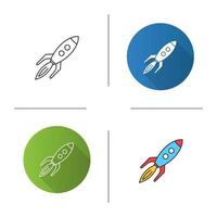 Toy rocket icon. Flat design, linear and color styles. Spaceship. Isolated vector illustrations