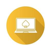 Online casino flat design long shadow glyph icon. Laptop display with spade card suit. Vector silhouette illustration