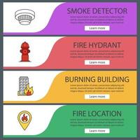 Firefighting web banner templates set. Smoke detector, hydrant, burning building, fire location. Website color menu items. Vector headers design concepts