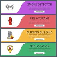 conjunto de plantillas de banner web de extinción de incendios. detector de humo, hidrante, edificio en llamas, ubicación del incendio. elementos del menú de color del sitio web. conceptos de diseño de encabezados vectoriales vector