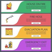 conjunto de plantillas de banner web de extinción de incendios. casa en llamas, plan de evacuación, manguera, salida de emergencia. elementos del menú de color del sitio web. conceptos de diseño de encabezados vectoriales vector