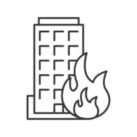 Burning building linear icon. Thin line illustration. House on fire. Contour symbol. Vector isolated outline drawing