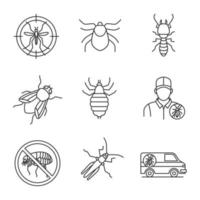 Pest control linear icons set. Exterminator's car, grasshopper, stop fleas sign, termite, housefly, louse, mite, mosquito target. Thin line contour symbols. Isolated vector outline illustrations