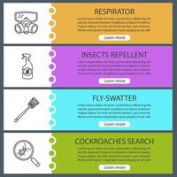Pest control web banner templates set. Respirator, insects repellent, fly-swatter, cockroaches search. Website color menu items. Vector headers design concepts